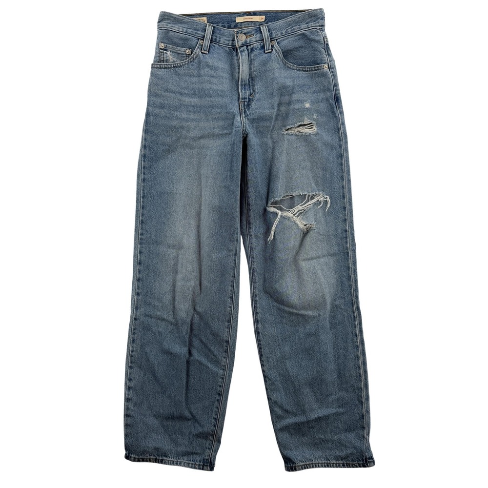 Levis Premium Baggy Dad Jeans Womens‎ 24 Blue Light Wash Distressed Knee Rips